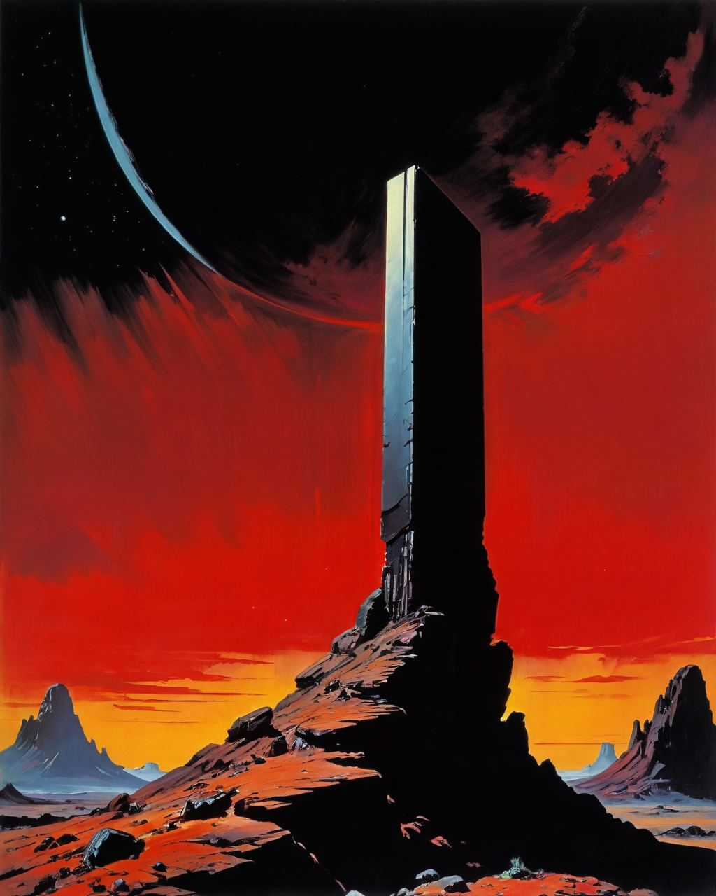 Monolith, 2001 space odyssey, Frank Frazetta style,  crimson, black background, <lora:add-detail-xl:1.0>  <lora:xl_more_art-full_v1:0.5>