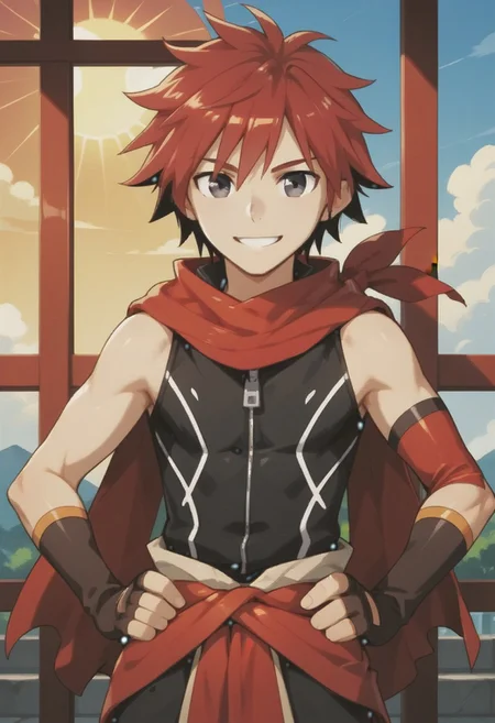 ((masterpiece)), ((best quality)), ((ultra-detailed)), ((absurdres)), score_9_up, score_8_up, score_7_up,
HD, top quality, best quality, amazing quality, High-quality illustrations, anime screencap, source_anime, best aesthetic, perfect proportions, perfect eyes, 1boy, 1male, solo boy, solo male, male focus, solo male focus, Anime, boy, male anime character, anime boy, ((kawaii, cute, charming)), ((small, small body, small height)), ((thin body, slender body, slim body, small body)), ((looking at front, looking at viewer)), ((front shot, front view, view from front)), Kousuke Fukuoka, ((red hair)), black-gray eyes, ((big eyes, kawaii eyes)), long red scarf, black shirt, zipper, sleeveless, brown arm gloves, fingerless gloves, light brown waistcloth, red waistcloth, updn, easynegative, neghands, Expressiveh, ((cowboy shot, head to hips shot)), ((traditional japanese background, outside, sun, clouds)), ((joyful look, happy expression, smile)), ((hands on hips pose))