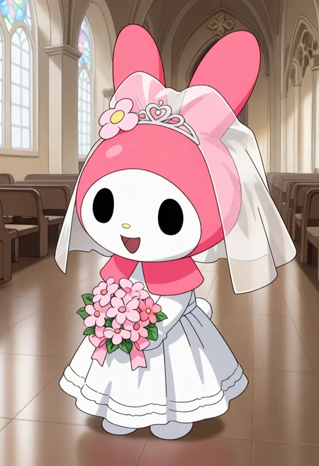 best quality, masterpiece, very aesthetic, mymelo, flower, pink flower, furry, pink capelet, solid oval eyes, black eyes, chibi, feral, church, wedding dress, wedding veil, happy,