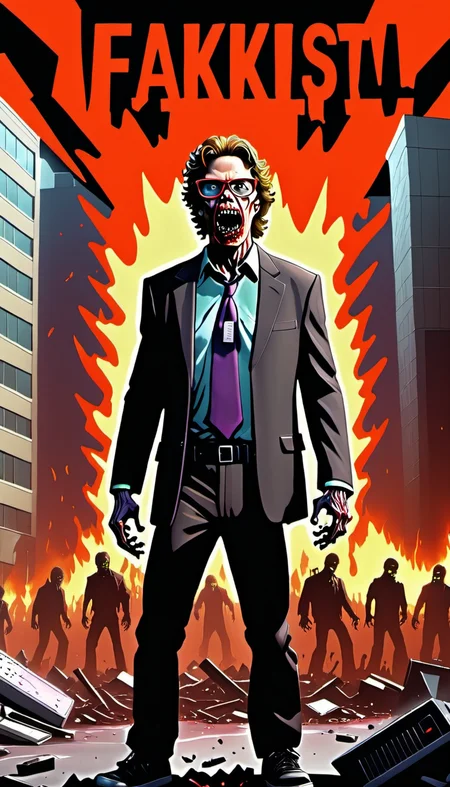 <lora:Everly Heights TaleSpinner:1> (A PaulDaFoe man:1.2) stands amidst a cityscape engulfed in flames and overrun with zombies with bold text up top exclaiming 'THE FAKIST!'. Surrounding him are shattered computer monitors displaying the word 'DAMN!'.