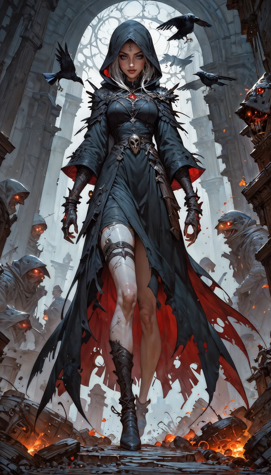 score_9, score_8_up, score_7_up, 1girl, cute, thigh strap, (gothic), eerie, gloomy, dark, (solo), full body, sorceress, necromancer, black robe, tattered rags, hood up, white hair, pale skin, red eyes, evil smirk, moonlight, crows, <lora:Expressive_H-000001:0.8>, expressiveH <lora:Fant5yP0ny:0.9> <lora:Pony_DetailV1.0:0.9>