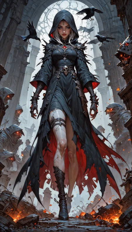 score_9, score_8_up, score_7_up, 1girl, cute, thigh strap, (gothic), eerie, gloomy, dark, (solo), full body, sorceress, necromancer, black robe, tattered rags, hood up, white hair, pale skin, red eyes, evil smirk, moonlight, crows, <lora:Expressive_H-000001:0.8>, expressiveH <lora:Fant5yP0ny:0.9> <lora:Pony_DetailV1.0:0.9>
