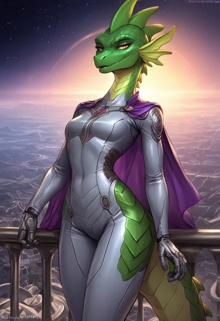 score_9, score_8_up, score_7_up, source_cartoon, SFW, ((anthropomorphic dragon)), female, source_furry, ((Oneprostethicarmright, prosthetic right forearm)):1.4, (1woman, anthro dragon), (((bright green scales, two toned green body scales, glossy scales))), purple irises, extremely detailed, large nostrils, full seductive lower lip,  extremely detailed, ((very large head fins)):1.3, (((one tall blue head spike, yellow back spikes))), detailed body scales, strong athletic body, small athletic breasts, toned arms, toned legs, long tail, feminine body, extreme detailed, thin waist, wide hips, (((silver plugsuit))), sci-fi, Parted lips, seductive expression, outside, resting against railing, sunny day, ((masterpiece)) (dynamic lighting:1.1) ((masterpiece)) godrays , (dynamic battle), (action pose) (explosions in the background), holding a Katana, very heroic, wearing purple cape on her back, space station, battlefield, white and silver plugsuit, detailed sci-fi background, extreme detailed, ( (dynamic lighting:1.1) ((masterpiece)) (dynamic lighting:1.1) ((masterpiece)) godrays, (highly detailed:1.2), (intricate:1.2), (best quality:1.2),(8k:1.2), (sharp:1.2), (majestic:1.2), natural lighting, detail++,