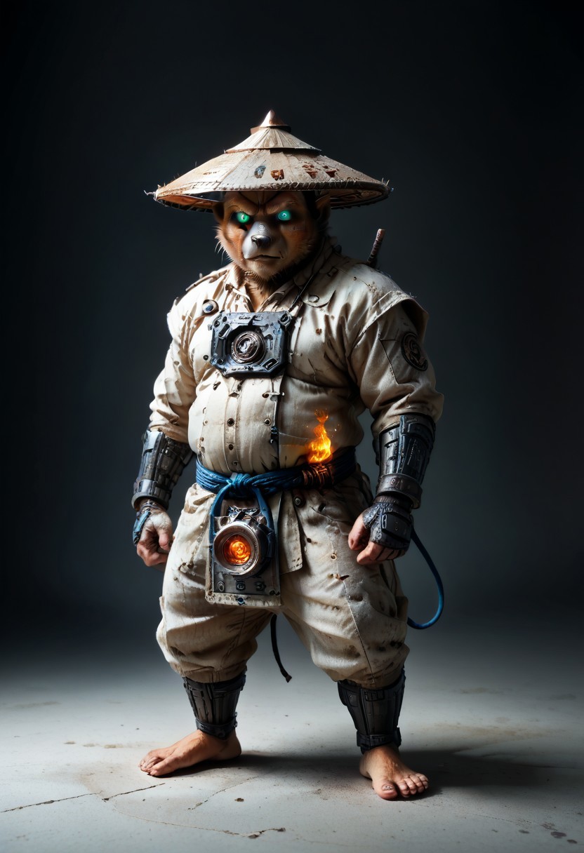 masterpiece, best quality, newest,
 eyecatching composition, dynamic pose, dynamic angles, detailed background of bamboo forest, Asian conical hat, strawhat, conical hat,
A Shadow faster than the light
Like cosmic fire his presence is
Shining in the night
Born from high technology
Too fast for human eyes to see
A soldier made of cyber steel
Create to kill the enemy
By neutreon power he is ready to strike
Can you feel the fire
See the anger in his burning eyes
He's the Super Sonic Samurai
By jetpack power he's ready to fly
He's the Super Sonic Samurai
Laser Katana high up to the sky
For the Super! Sonic Samurai!
((barefoot plantigrade furry male, panda bear, chubby))