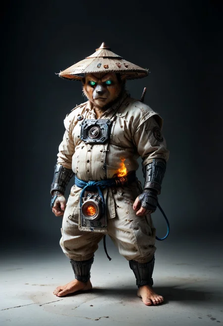 masterpiece, best quality, newest,
eyecatching composition, dynamic pose, dynamic angles, detailed background of bamboo forest, Asian conical hat, strawhat, conical hat,
A Shadow faster than the light
Like cosmic fire his presence is
Shining in the night
Born from high technology
Too fast for human eyes to see
A soldier made of cyber steel
Create to kill the enemy
By neutreon power he is ready to strike
Can you feel the fire
See the anger in his burning eyes
He's the Super Sonic Samurai
By jetpack power he's ready to fly
He's the Super Sonic Samurai
Laser Katana high up to the sky
For the Super! Sonic Samurai!
((barefoot plantigrade furry male, panda bear, chubby))
