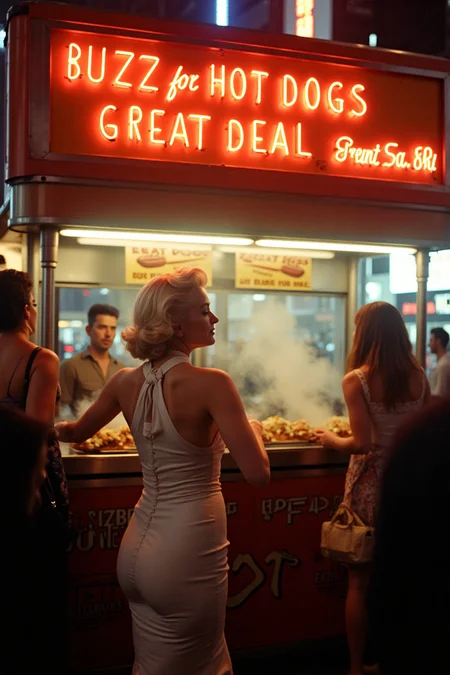 Marilyn Monroe at a vibrant hot dog stand in Times Square, 1950s,  a neon signboard above the hotdog stand says "Buzz for Hot Dogs. Great Deal!" wearing a classic pin-up halter dress, dramatic lighting from neon signs, cinematic composition, golden hour atmosphere, Kodachrome colors, high contrast street photography, bustling crowd, steam rising from hot dogs, retro Americana aesthetic, hyperrealistic details