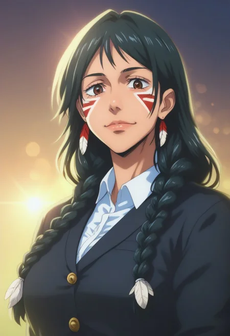 score_9, score_8_up, score_7_up, source_anime, intricate details, anime screencap, perfect balance, official art, extremely detailed CG unity 8k wallpaper, perfect lighting, Colorful, Warm_Front_face_Lighting, (masterpiece:1.0),(best_quality:1.0), ultra high res,4K,ultra-detailed, photography, 8K, HDR, highres, absurdres:1.2, Kodak portra 400, blurry background, bokeh, lens flare, (Anime) (vibrant_color:1.2), professional photograph, night, (cute_face:1.2), 2d, anime, upper body, intricate iris, American, Professional character design, 1girl, female focus, (Brown eyes), perfect eyes, (black-hair), Native American, Indigenous, American Indian, youthful, solo, jujutsu_kaisen_style, character portrait, (perfect-lighting), face, young, (Dark-black-hair), Long hair, (Native American), Indigenous, American Indian, (((wild eyes))), (Native North American), (Upturned eyes), (high cheekbones), (strong jawline), (Black Hair), ((((Native-American-Eagle-feather-braids, Native American Eagle feather accessories)))), (Black Cowboy Jacket), (((wild eyes))) ((Bobbed Bangs)) (((Slanted-Eyes))) (Psycho) (Happy) (Friendly) (Goofy) (Dark Black Jacket) (White Dress Shirt), (Warpaint), (Redwood Forest, Pacific Northwest Forests), (Inuit), (Tan skin), (Dark Skin), (Brown skin), (bobbed hair), White Eagle-Feather-Earrings, Thick Bangs, Bobbed hair, Bob-cut, White-Feather-Earrings, Brown-skin, Inuit Face-paint, Full-Bangs, Wide-Bangs, Thick-Hair, Native Face-paint