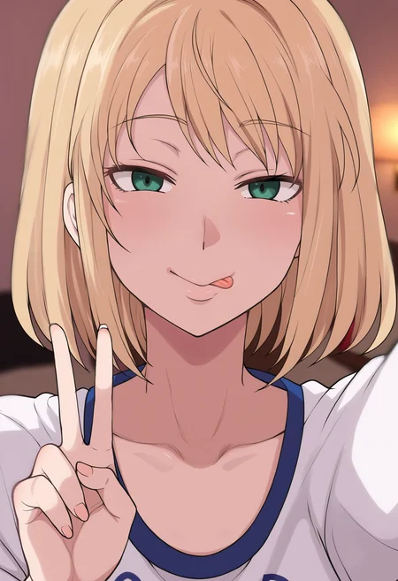 score_9,BREAK bedroom,photo background, depth of field,blurry background, official art,official wallpaper,BREAK <lora:kaya-terasumc-v2-xl-000016:1> 1girl, kaya_(terasu_mc), blonde hair, green eyes,seductive smile,v, peace_sign,tongue out,