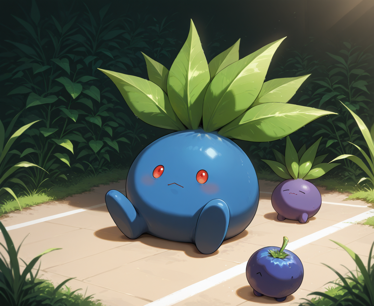 PonyScores7, source_anime,
BREAK (>3<), (a serene environment for dance practice, with a smooth floor and calming decor), (lying), looking at viewer,  <lora:OddishPokedexPDXL:0.8> zzOddish, full body, red eyes, grass, blueberry, pokemon, oddish, leaf, no humans, pokemon (creature), multiple oddish,
BREAK <lora:xl_more_art-full_v1:0.2>, <lora:aesthetic_anime_v1s:0.2>, <lora:EpicF4nta5yXL:0.2>, <lora:detailxl:0.2> detailxl, <lora:Fant5yP0ny:0.2>, best quality, amazing quality, best aesthetic, absurdres, illustration, Volumetric_Lighting, ultra-detailed, very aesthetic, intricate details, 8k, masterpiece, best_quality 
BREAK (Medium Close shot) 
BREAK <lora:Complicated fantasy portrait - XL Pony V2.0:0.4>, <lora:HDA_Detailer:0.2>,