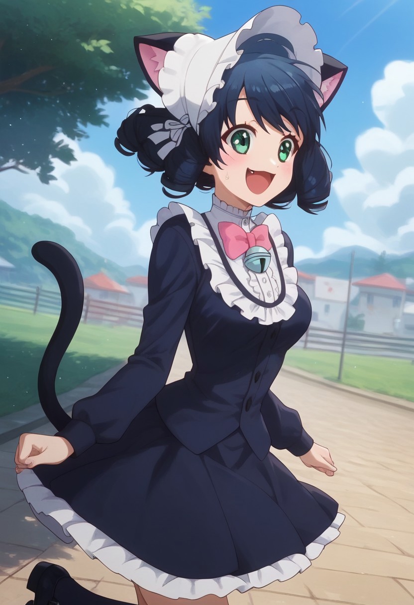 score_9, score_8_up, score_7_up, professional anime,1girl,solo,(Cyan from Show by rock!),perfect body,short girl,petite,<lora:show_by_rock_cyan:1>,1girl, short hair, black hair, green eyes, cat ears, cat tail, short dress, pink bowtie, long sleeves, bonnet, curly hair,medium breasts,happy,jumping