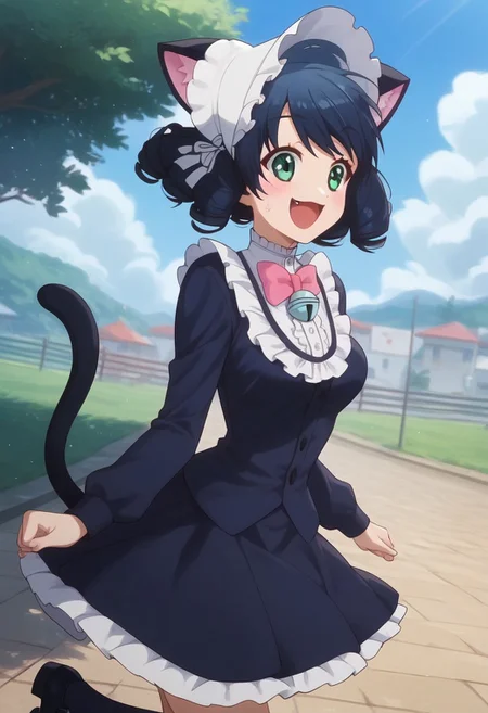 score_9, score_8_up, score_7_up, professional anime,1girl,solo,(Cyan from Show by rock!),perfect body,short girl,petite,<lora:show_by_rock_cyan:1>,1girl, short hair, black hair, green eyes, cat ears, cat tail, short dress, pink bowtie, long sleeves, bonnet, curly hair,medium breasts,happy,jumping