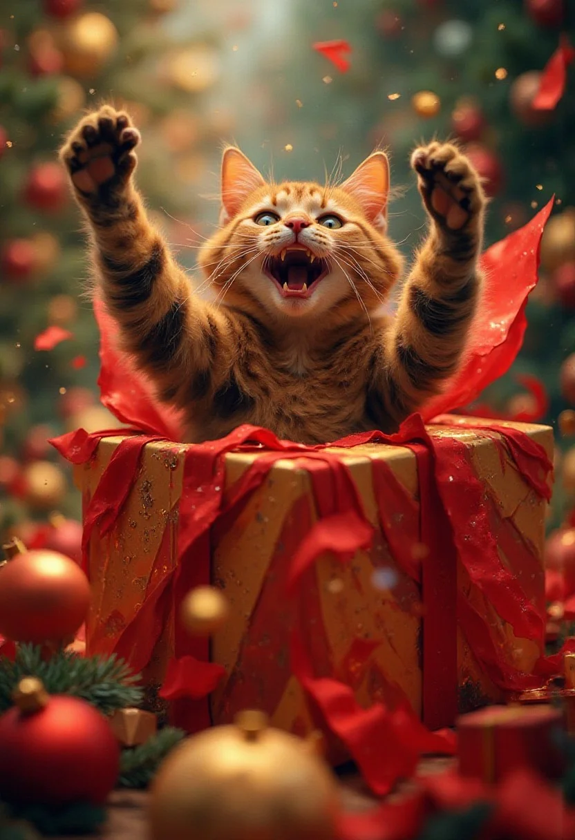 A vintage-style analog film photograph captures a whimsical holiday scene: a cat bursting triumphantly from an ornate Christmas gift box. Shot from a low angle, the composition shows the feline emerging upward, its fur glistening with dew drops amid the festive atmosphere. The gift box, decorated in luxurious gold and red stripes, sits at the frame's top, while the cat's dynamic movement is emphasized through a shallow depth of field that artfully blurs the surrounding wrapping paper and decorations.
Warm artificial lighting bathes the scene, highlighting the cat's detailed fur textures and natural patterns, while scattered snowflakes or confetti add to the magical moment. The image features the characteristics of vintage photography: grainy texture, desaturated colors, vignetting, and the distinctive look of Kodachrome film. The technical specifications call for a high-resolution (4096 x 3040 pixels) output in a 16:9 aspect ratio, emphasizing photorealistic detail while maintaining the nostalgic aesthetic of found footage and Lomography.
The overall mood evokes children's illustrations and classic animation, capturing the joyful spirit of both the holiday season and a cat's playful nature. The color palette blends vibrant holiday hues with the natural tones of the cat's fur, creating a harmonious and engaging scene that combines wildlife charm with festive whimsy.