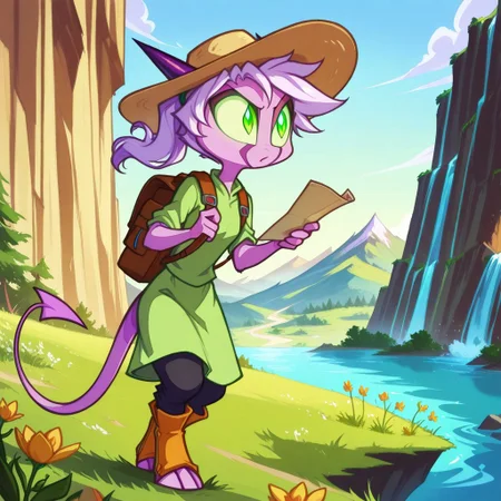 Dreamkeepers,1girl,Prelude_Namah,solo,demon tail, green eyes, horns,
adjustsing her backpack on a mountain trail, a map in hand. Wildflowers dot the path, and a waterfall cascades in the distance, mountain, hiking, backpack, map, wildflowers, waterfall, trail, outdoors, nature, determined_expression, sunhat, hiking_boots, wind_blown_hair, scenic