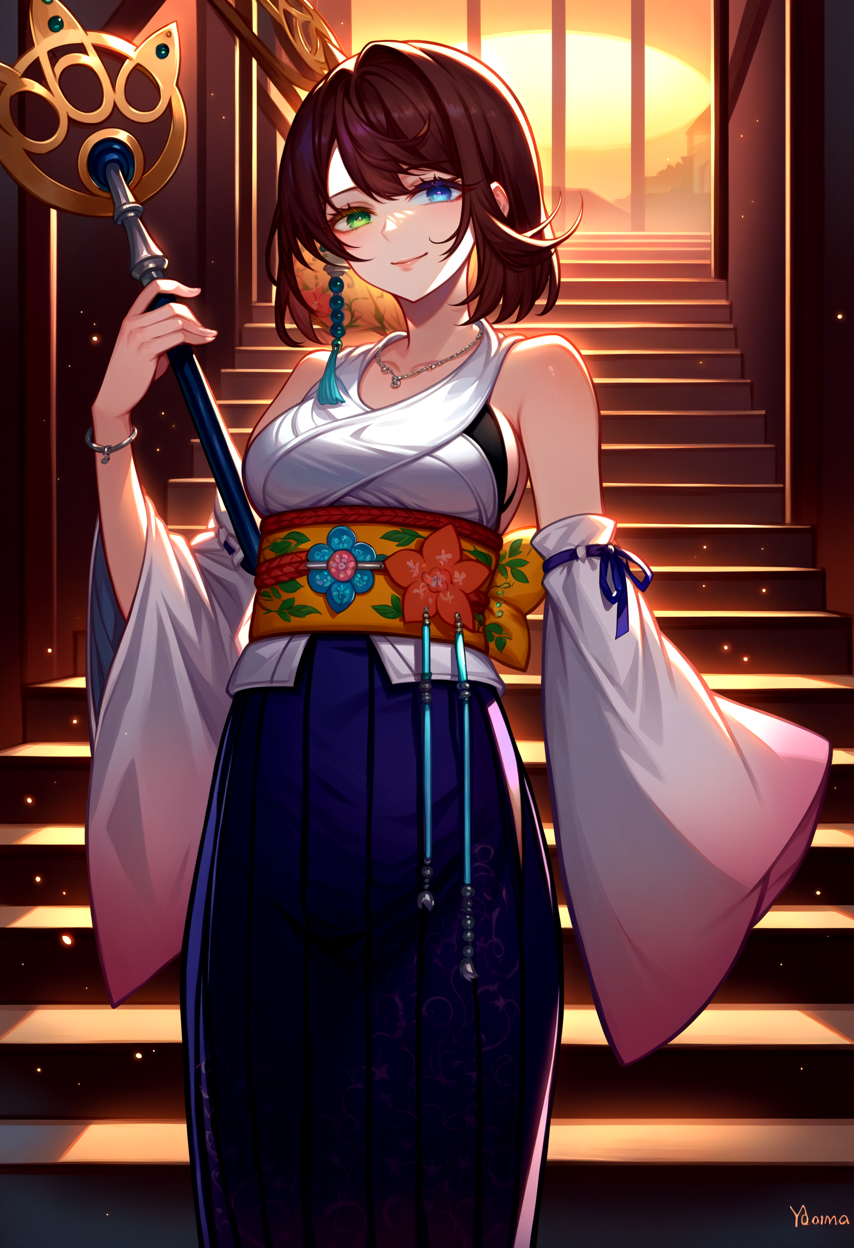 score_9, score_8_up, source_anime, 1girl, <lora:YunaX_XLPD:1>, YunaX, heterochromia, detached sleeves, japanese clothes, sash, obi, hakama skirt, purple hakama, brown hair, staff, holding staff, cowboy shot, seductive smile, stairs, green eyes, blue eyes,