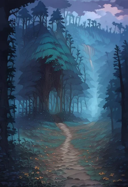 score_9, score_8_up, score_7_up, score_6_up, anime, anime style
forest, deep forest, open field, flowers, mountains, rocky cliff on one side of the path