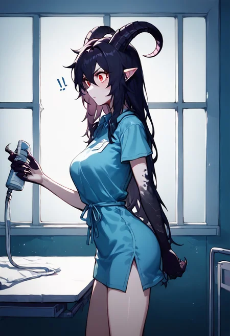 score_9, score_8_up, score_7_up, source_anime,  uncensored, <lora:Viper_Risen-000014:1>, v1p3r1seV6, BREAK, 1 girl, solo, monster girl, 18 years old, 160 cm tall, sickly pale skin, bright red eyes, circles under the eyes, goat horns, black horns, ash-black hair, long hair, disheveled hair, medium breasts, claws, black arms, black legs, pale blue dirty surgical shirt, bright red stripes on shoulders and neck, hospital gown, girl standing near table, holding folder with documents, looking at folder, surprised look, serious expression, side view, modern hospital, abandoned hospital, night, dim light, dark corridor