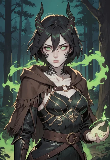 safe_pos, ((zPDXL3)), score_9, score_8_up, score_7_up, score_6_up, score_5_up, score_4_up,
1girl, solo, Adult Woman, Slender Build, pale skin, short hair, wild hair, hair between eyes, looking at viewer, pale green eyes, slit pupils, black pupils, plain expression, medium breast, black hair, (extremely detailed face and eyes), closed mouth, collarbone, outdoors, tree, night, nature, leather armor, forest, in tree, hood, fur cloak, horns, neck scales, sholder scales, casting spell, green energy, green ball, glowing green fire, black scales, black dragon, dragon girl,