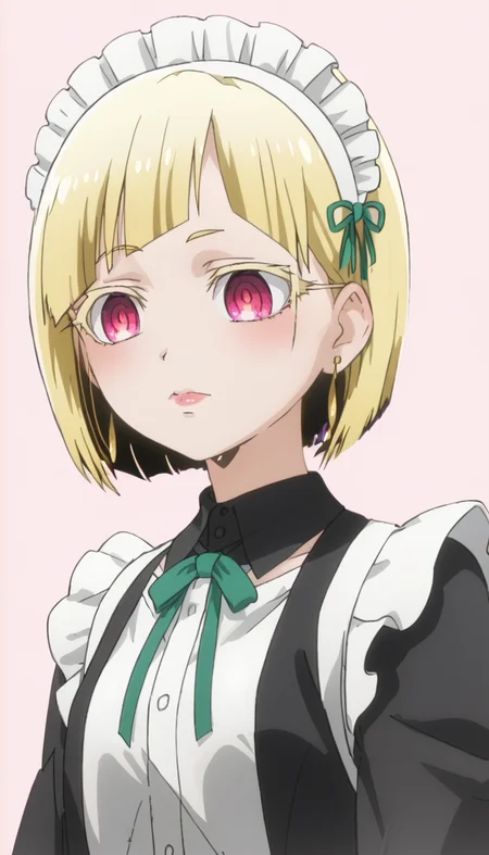 blonde hair,short hair,pink eyes,earrings,1girl,solo,<lora:Korisus_Mother-000007:1>,maid headdress,, anime screencap,score_9,simple background,