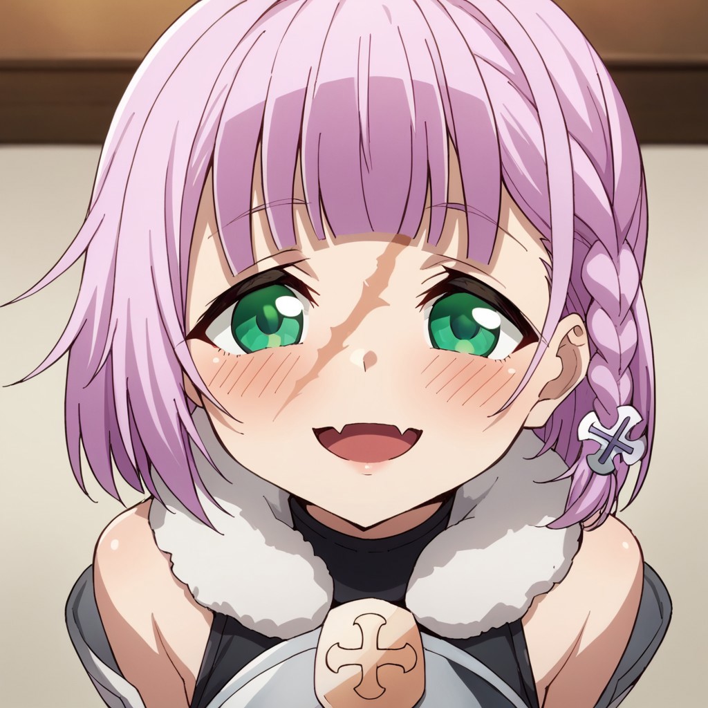 score_9, score_8, score_7, source_anime, rcleonica, braid, scar, cross hair ornament, skin fang, POV, looking at viewer, blush, smile, open mouth, upper teeth only