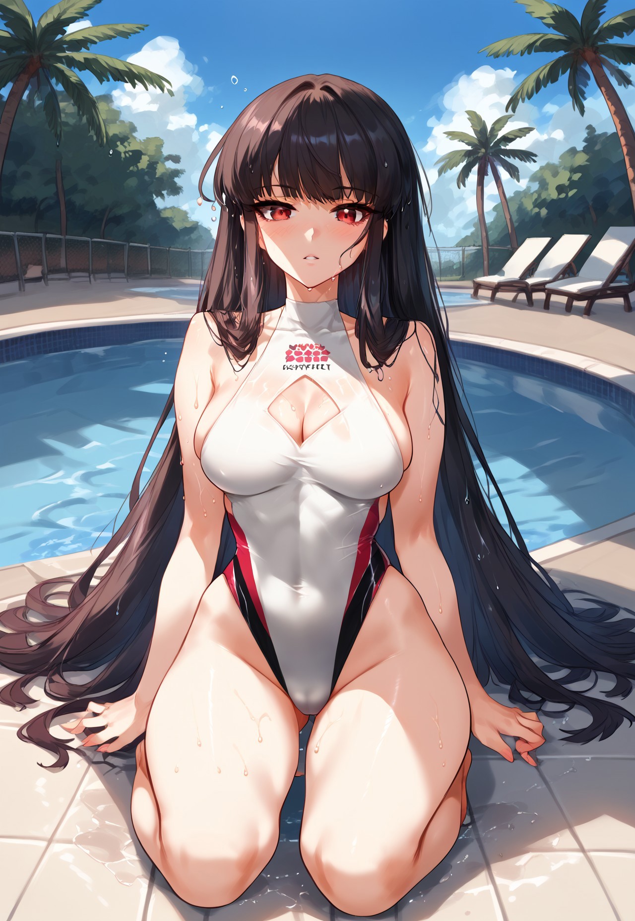zPDXL3, score_9_up, score_8_up, score_7_up, (Anime_source), 1girl, YanXing, red eyes, black hair, long hair, Lanchester swimsuit, wet, cowboy shot, looking at viewer, parted lips, light blush, palm trees, swimming pool, (kneeling), 
