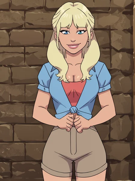 1girl, solo, cowboy shot, looking at the viewer, facing the viewer, flirty smile,
<lora:Jane_Invincible_Pony:.7> jane, blue eyes, blonde hair, long hair, bangs, short sleeves, cleavage, shorts
<lora:officialpit_v2-8:1>âââ