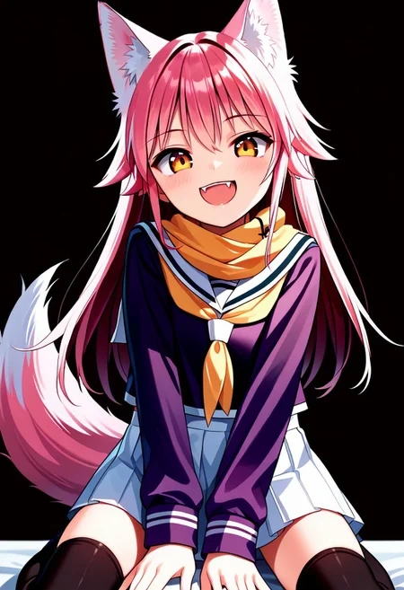 score_9, score_8_up, score_7_up, score_6_up, score_5_up, score_4_up, Lanka Ookami, wolf girl, long hair, pink hair, wolf ears, ear fluff, fluffy wolf tail, ((wolf tail)), (orange eyes: 1.1), serafuku, Skirt, School uniform, Pleated skirt, Serafuku, White skirt, Shirt, Purple shirt, Sailor collar, White Sailor collar, Long sleeves, Yellow Scarf, Knee-high stockings, smile, POV, looking at viewer, blush, smile, open mouth, upper teeth only, fangs