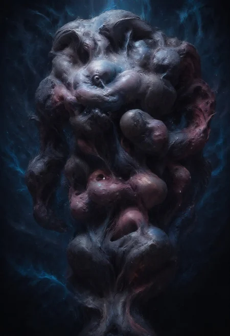 A close-up of a menacing creature's face, rendered in a dark and eerie style. The creature has a pale complexion, deep-set, cracked eyes, and sharp, menacing teeth. The color palette consists of deep blues, blacks, and grays, creating a somber and foreboding atmosphere. A deep blue background contrasts with the creature's pale skin, making it the focal point of the image