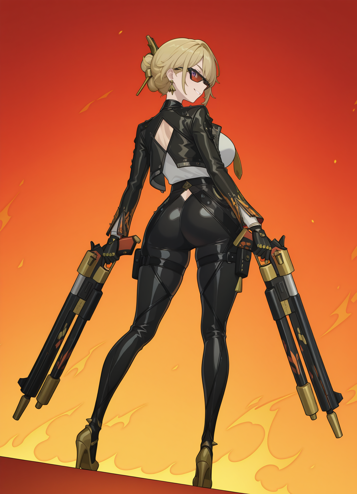 masterpiece,best quality,limited color palette,lineart,vector art,leather jacket,gold tie,black leather pants,white shirt,gold high heels,sunglasses,smiling,<lora:Hoseki_ZenlessZoneZero_BurniceWhite_IllustriousXL_v1:0.7>,(brncwht:0.5),Evelyn,solo,blond hair,hair ornaments,earrings,purple eyes,hair bun,beautiful frame,<lora:Evelyn_-_Zenless_Zone_Zero_ZZZ_-_Illustrious:0.6>,large breasts,double firethrower,(full body:0.5),((gunfire)),thighhighs,fire background,skirt,<lora:Pulchra:1>,(fire edgMM:1.3),flames around,dynamic_angle,from behind,hip_focus,looking_back,
