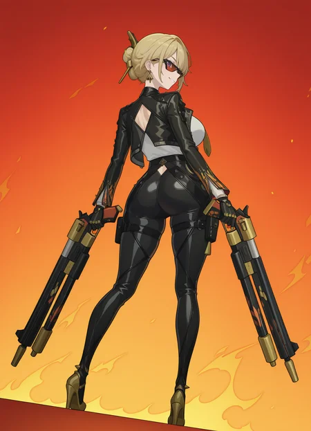 masterpiece,best quality,limited color palette,lineart,vector art,leather jacket,gold tie,black leather pants,white shirt,gold high heels,sunglasses,smiling,<lora:Hoseki_ZenlessZoneZero_BurniceWhite_IllustriousXL_v1:0.7>,(brncwht:0.5),Evelyn,solo,blond hair,hair ornaments,earrings,purple eyes,hair bun,beautiful frame,<lora:Evelyn_-_Zenless_Zone_Zero_ZZZ_-_Illustrious:0.6>,large breasts,double firethrower,(full body:0.5),((gunfire)),thighhighs,fire background,skirt,<lora:Pulchra:1>,(fire edgMM:1.3),flames around,dynamic_angle,from behind,hip_focus,looking_back,
