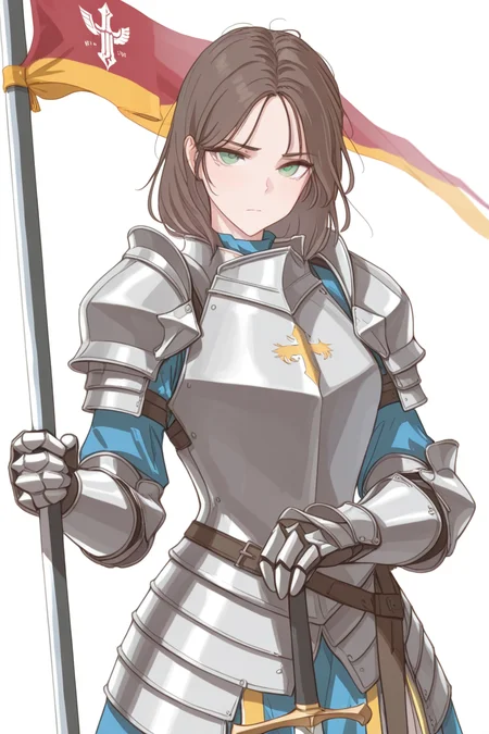 masterpiece, best quality, amazing quality,
<lora:Nutzlos_IL:1> nutzlos, 1girl, solo, armor, gauntlets, brown hair, white background, flag, weapon, sword, looking at viewer, knight, simple background, green eyes, holding