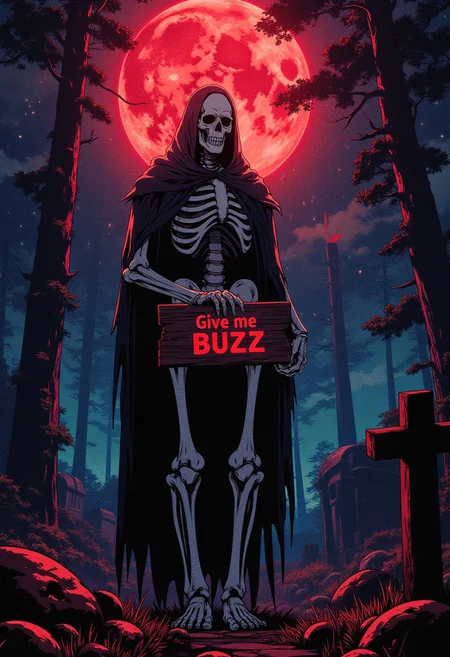 A gothic spooky skeleton made out of pure white bones stands in an old graveyard. He holds a sign that says: "Give me BUZZ". The galactic night sky intensifies the dark mood of the evil forest. The moon shines crimson light onto him creating an eerie scene. (epic dark fantasy style).
ne0nfant4sy
