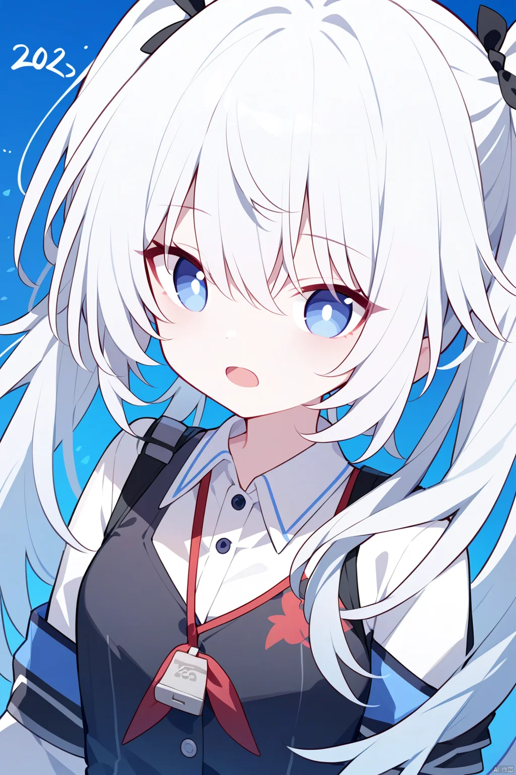 1girl, Best quality, genshin,Touhou Project,Honkai StarRail, ((quan (kurisu tina))),(portrait),upper body,close-up,year 2023, english text, greyscale with colored background, swaying, collared shirt, open mouth, wing collar, josh hutcherson whistle edit (meme), blue background, shirt, meme, twintails, monochrome, jacket, simple background,

masterpiece, newest, absurdres, safe