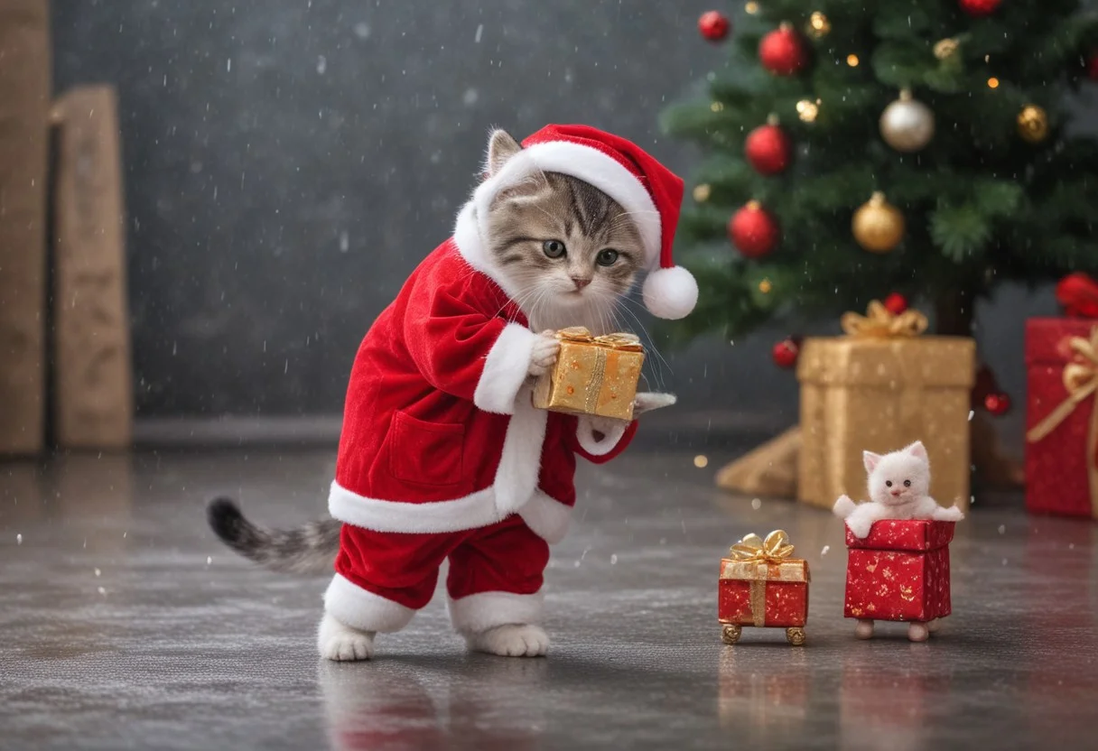 cute little kitten in a red christmas costume with a santa hat walking on two legs giving a present to a cute little mouse, other people around, rain, happy, proud, walking on two legs, sack of presents, hyper-detailed, vivid colors, high res, hyper-detailed, ultra-sharp, professional photo