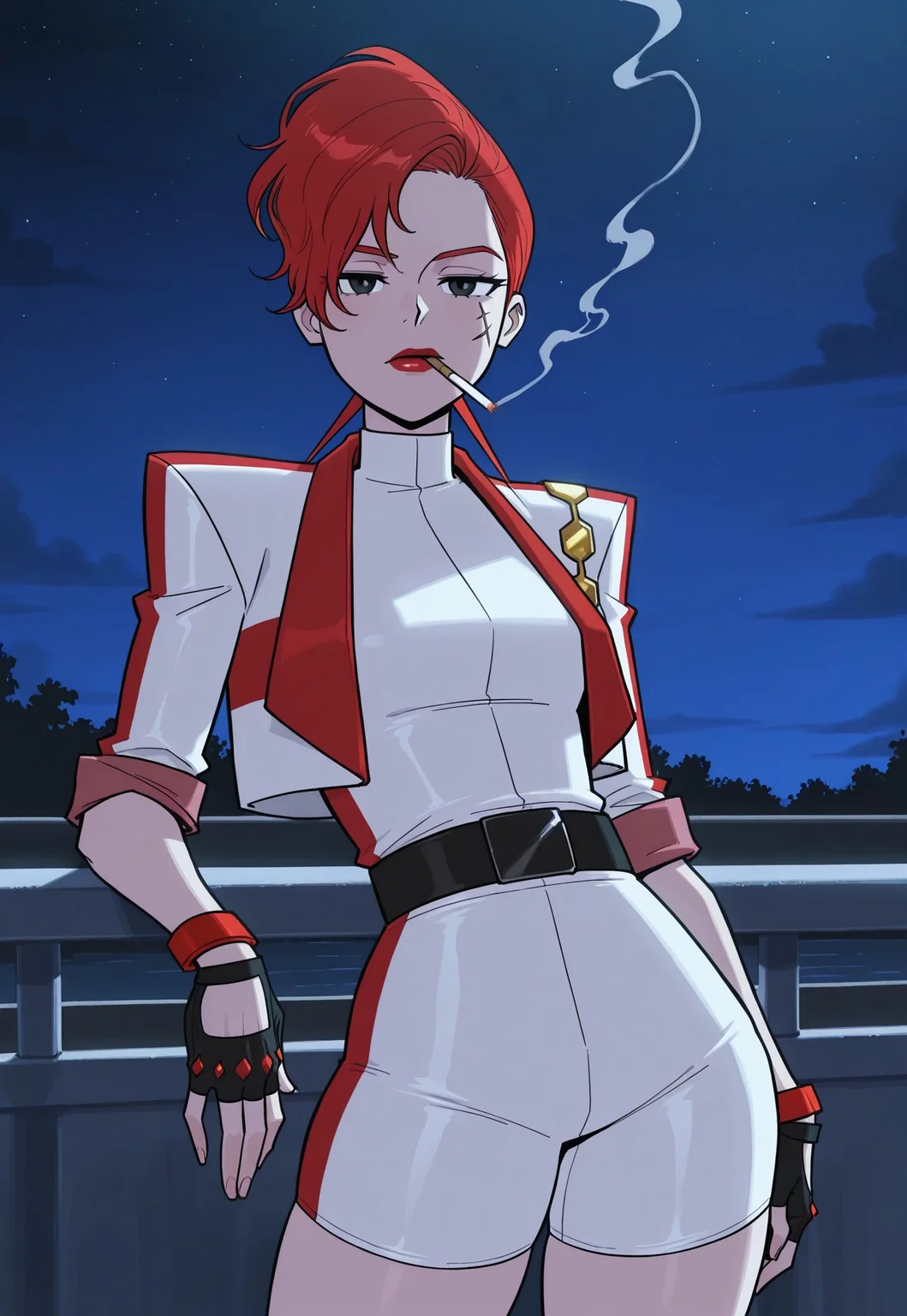 masterpiece, best quality, amazing quality, very aesthetic, absurdres, newest, 1girl, solo, no2mtcy, red hair, facial scar, lipstick, black eyes, looking at viewer, jacket, jewelry, black belt, white bike shorts, red bracelets, fingerless gloves, leaning on balcony, night, closeup, cigarette in mouth, cigarette, smoking