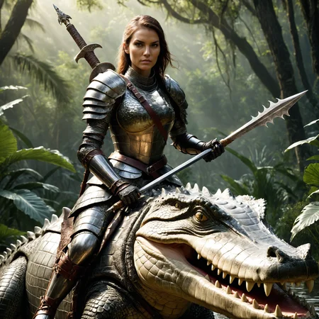Photorealistic, elegant female knight in intricately designed leather armor made from crocodile skin, holding a lance while riding a gigantic crocodile, detailed and expressive face showing determination, dramatic lighting highlighting the scene, realistic textures on armor and crocodile skin, lush forest background with vibrant colors, high detail and complexity