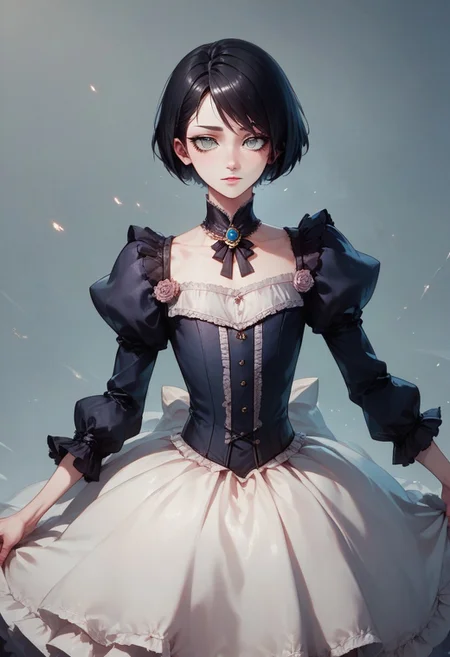 score_9, score_8_up, score_7_up, 1boy, femboy, otoko no ko, short hair, bob cut hair, black hair, grey eyes, gray eyes, feminine face, toned body, Shelly, victorian dress, highly detailed, intricate, zzCitronCAT, pose, modelshoot