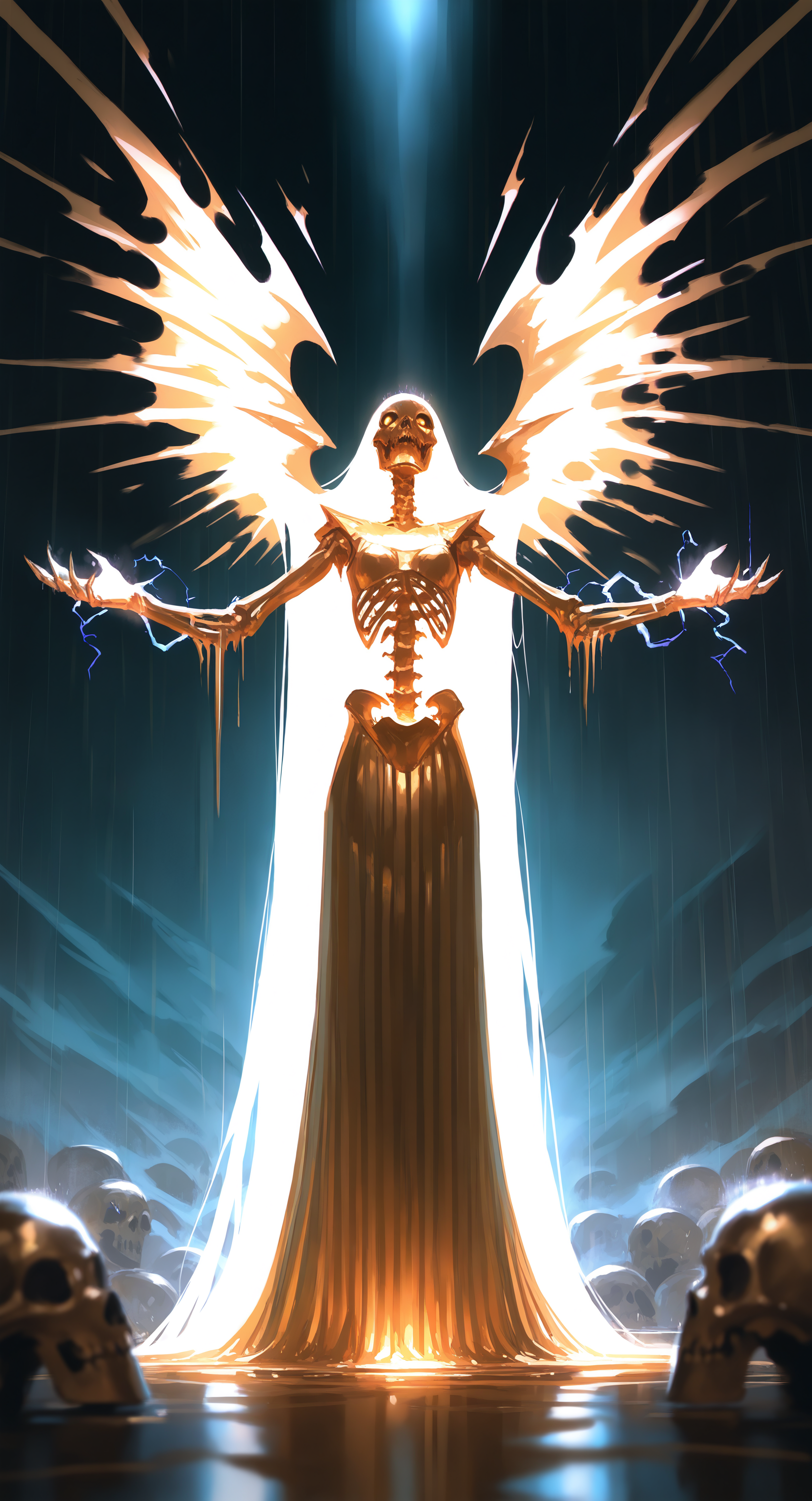masterpiece, best quality, Good quality, very aesthetic, absurdres, newest,  1girl, girl_focus, Giant skeletal energy wings, no_humans,glowing, glowing_eyes, monster, skull, electricity, aura, ribs, skeleton, energy,very long hair, Wearing a golden scale skirt,Wearing a golden scale breastplate, long_hair, standing, full_body, wet, outstretched_arms, rain, spread_arms, tiptoes, <lora:ponyv5_noobV065S_1_adamW-000013:0.8> <lora:USNR_STYLE_XL_lokr:0.7>
