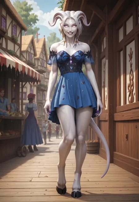 (absurdres, best quality, masterpiece:1.4), score_9, score_8_up, score_7_up, score_6_up, detailed, detailed body, detailed face, fantasy, 

culDraenei, purple eyes, no sclera, no pupils, athletic, tall, slim, pale skin, grey skin, long tail, long ears, 

(LOAwdl34pXL, minidress, strapless), 

smile, 

outdoors, wooden village background, ((multiple crowds, human, varied clothing, modern clothing))