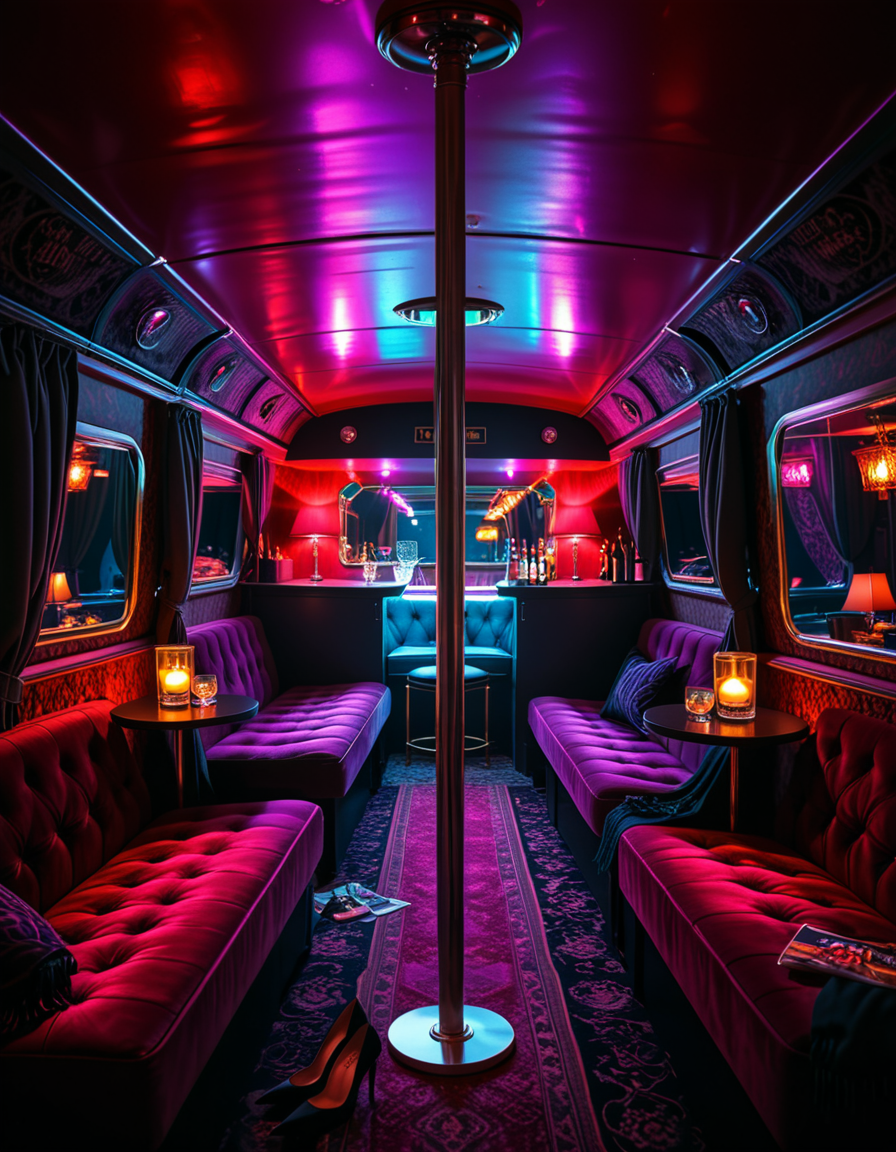 The interior of an old RV transformed into a mysterious, shady lounge with a moody and dimly lit atmosphere. The space is filled with deep red and purple lighting, creating a sultry neon glow. In the center stands a chrome pole mounted to the ceiling and floor, surrounded by plush velvet seats and low tables with half-empty glasses and flickering candles. The walls are lined with heavy curtains and faded wallpaper, giving a vintage and secretive vibe. A small bar area in the back holds various bottles and glasses, with a mirror backsplash reflecting the dim lights. The floor is covered in worn carpets and scattered with high heels, scarves, and old magazines. Subtle details hint at an underground lifestyle, without showing anything explicit. The overall ambiance is smoky, intimate, and cinematic. Highly detailed, noir-inspired, low-key lighting, retro-modern fusion style.
<lora:SDXLFaeTastic2400:0.4> <lora:extremely_detailed:0.4> extremely detailed<lora:4dult_rv:1>,4dult rv, Masterpiece,best quality,hi res,8k,hi res,8k,award winning,(sharp focus, intricate, highly detailed),