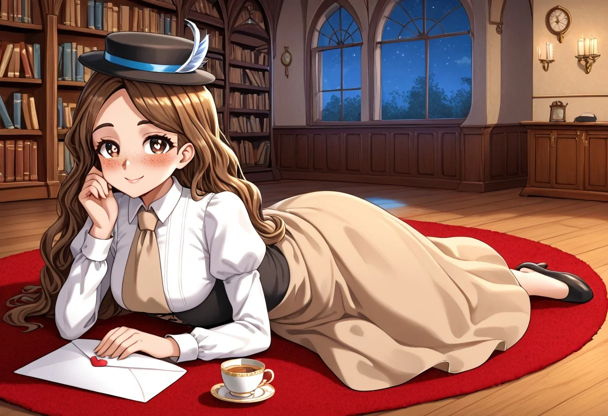 high definition 1girl, solo, franimel, dress, long hair untill hips, brown skin, brown eyes, freckles, blushing, hat, beige tie, soft illumination, full body, victorian library, detailed background, night, sitting down on a red carpet, tea cup on floor, old inkwell on floor, old pen on floor, paper sheets lying around, cute smile, look at viewer, sighing, heart-shaped pupils, love letter, holding the letter against chest