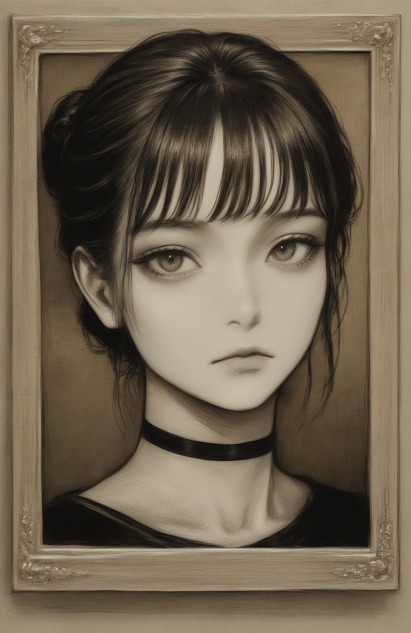 1girl, general, 

portrait, looking at viewer, sepia, photo \(medium\), solo, expressionless, single hair bun, black hair, black choker,

best quality, very awa, highres, newest