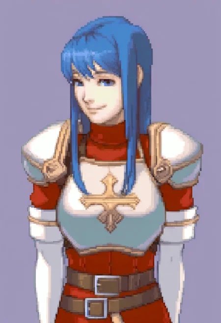 masterpiece, best quality, solo, looking at viewer, 1girl, smile, <lora:Ace-Attorney-Portraits-illus_Fp:1>, portrait, upper body, pixel art, simple background, <lora:caeda-fe-richy-v1_ixl:1>, caedadef, blue eyes, blue hair, long hair, bangs, turtleneck, red shirt, shoulder armor, pauldrons, breastplate, multiple belts, brown belt, white gloves, elbow gloves, red skirt, black thighhighs