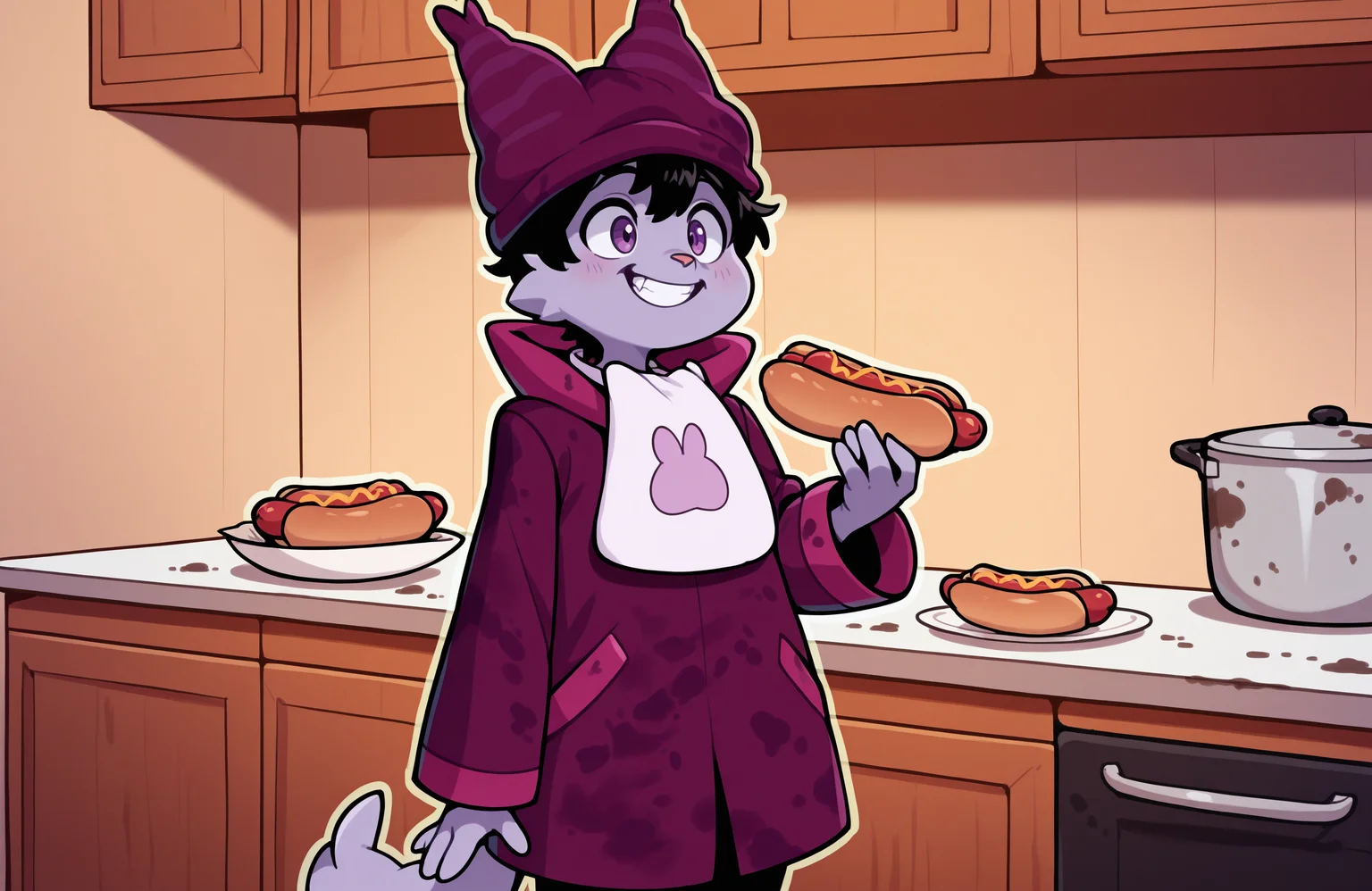 masterpiece, high quality, best quality, newest, chwdr, 1boy, solo, black hair, short hair, kitchen, animal nose, purple skin, grin, beanie, purple coat, purple eyes, cowboy shot, bib, dirty clothes, eating, hot dog, <lora:ChowderNEWIlluV1:1>