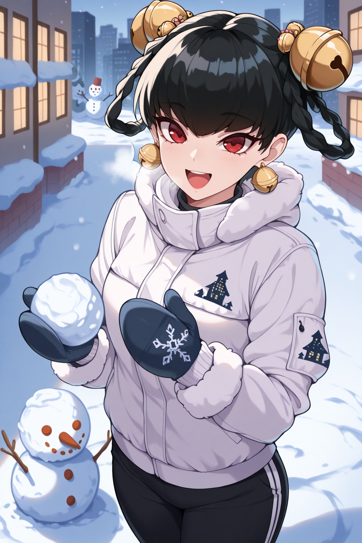 masterpiece, best quality, 1girl, solo <lora:opmlinlin-illu-nvwls-v1-000006:1> opmll, black hair, short hair, hair rings, twin braids, red eyes, hair bell, earrings, white jacket, winter jacket, black pants, track pants, mittens, snowman, looking at viewer, happy, cold, snow, city, holding snowball, open mouth