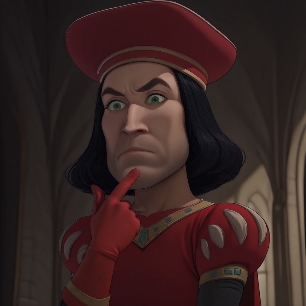 masterpiece, best quality, newest, absurdres, highres,  anime, anime style, Lord-Farquad-IL-V1.0 Lord-Farquad-IL-base outfit, short hair, red gloves, black hair, beret, cape, gloves, hat, green eyes, red headwear, hat,