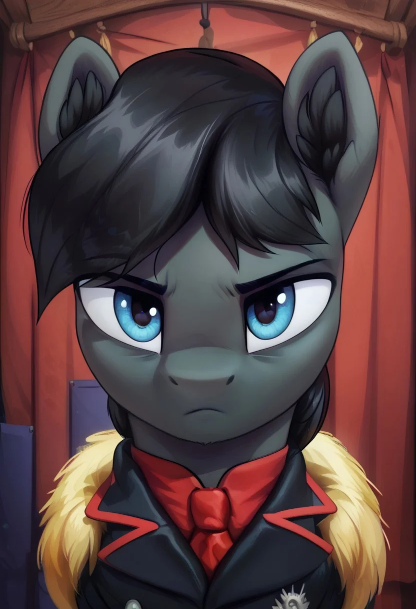 score_9, score_8_up, score_7_up, score_6_up, score_5_up, score_4_up, score_3_up, score_2_up, score_1_up, g4, solo, pony, feral pony, male, Sinister Serov, thin eyebrows, blue eyes, stallion, male, pony ears, black ear fluff, black skin, black mane, curtain bangs, black suit, red tie, face, portrait, bust, serious, look at you, cute, glare, high res, detailed face