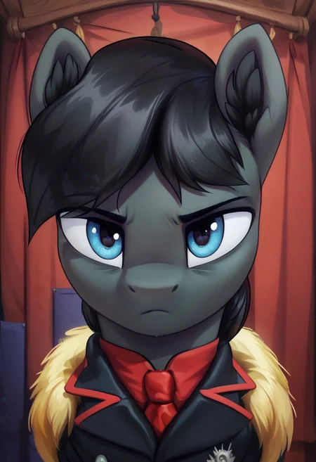 score_9, score_8_up, score_7_up, score_6_up, score_5_up, score_4_up, score_3_up, score_2_up, score_1_up, g4, solo, pony, feral pony, male, Sinister Serov, thin eyebrows, blue eyes, stallion, male, pony ears, black ear fluff, black skin, black mane, curtain bangs, black suit, red tie, face, portrait, bust, serious, look at you, cute, glare, high res, detailed face