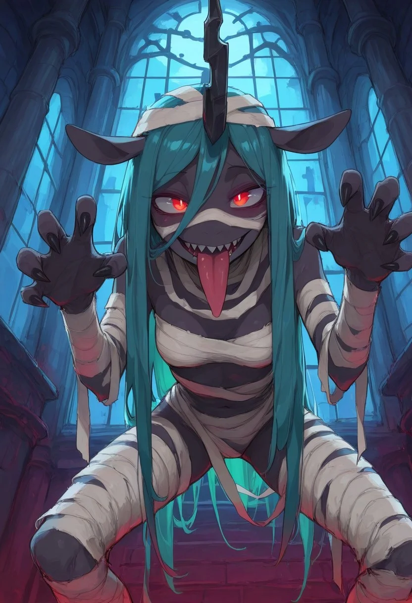 score_9, score_8_up, score_7_up, score_6_up, score_5_up, score_4_up, masterpiece, best quality, high quality, sharp lines, solo, detailed, colourful, castle room, columns, tall window, night,
BREAK, skinny, anthro, small breasts, Queen Chrysalis_\(Mlp\), red glowing pupils, mummy costume, bandages, looking at viewer, wide smile, sharp teeth, tongue out, playful look, claws pose, bent over, from below