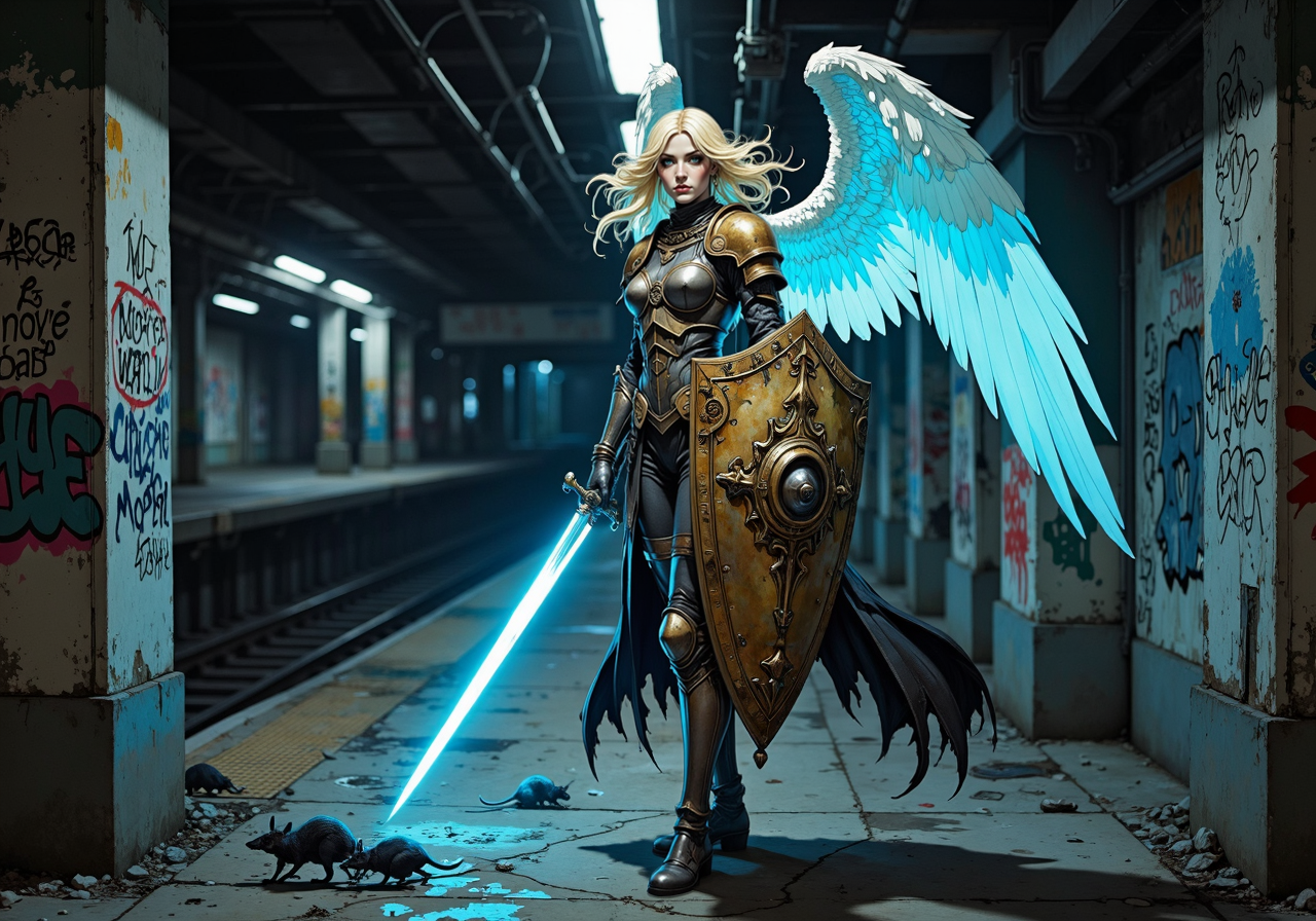 a digital illustration of, A blonde-haired angel with glowing blue eyes, clad in a mix of tarnished plate armor and a chainmail coif, strides through a dark, abandoned subway station. Her wings extend from her back, brushing the ceiling of the cramped underground space. In one hand, she holds a glowing sword, its celestial light illuminating the graffiti-streaked walls, and in the other, a heavily dented shield engraved with divine symbols. The sounds of distant rumbling echo in the empty station, while rats scurry away from the radiance she brings. Her gaze is fierce, searching for something unseen in the shadows.<lora:Illustration concept variant 2.safetensors:1.0:1.0>