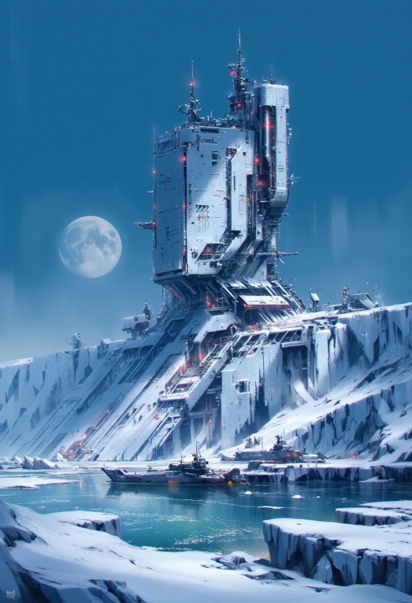 in the style of ck-sfc, Inkpunk Anime, a_skynet_cyberdyne_craft, the image is featuring a blue and white theme, icy snow-covered landscape, Artemis Station, with red lights, smoked glass and diodes, at the edge of an icy ocean with icebergs, its sleek towers a stark contrast to the snow surrounding it, with a harbour featuring military warships of gunmetal alloy, red lights and diodes, moored. The planet’s sun casts a vivid, surreal light across the station, while deep fissures filled with glaciers mark a stark background. The sky is a dark blue, with a moon hanging low in the horizon